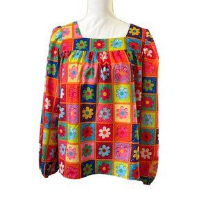 Retro-Inspired Floral Print Artsy Long Sleeve Blouse Multicolor Womens Small